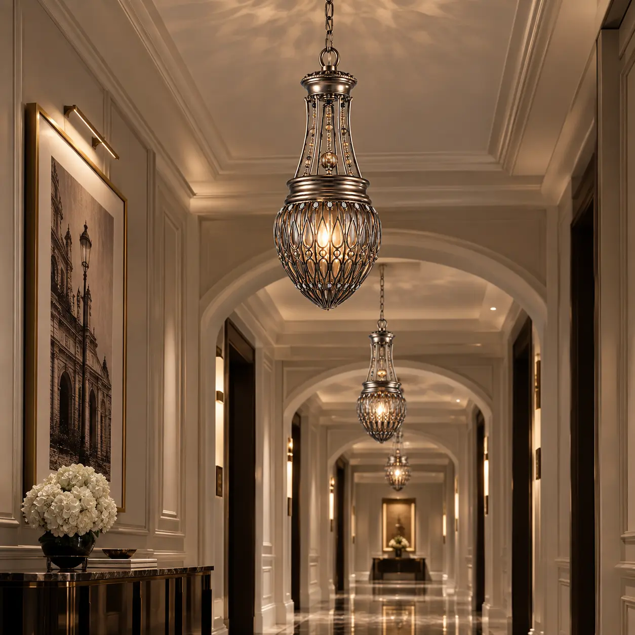 Jeweled Lantern Pendant in Boutique Hotel Interior
