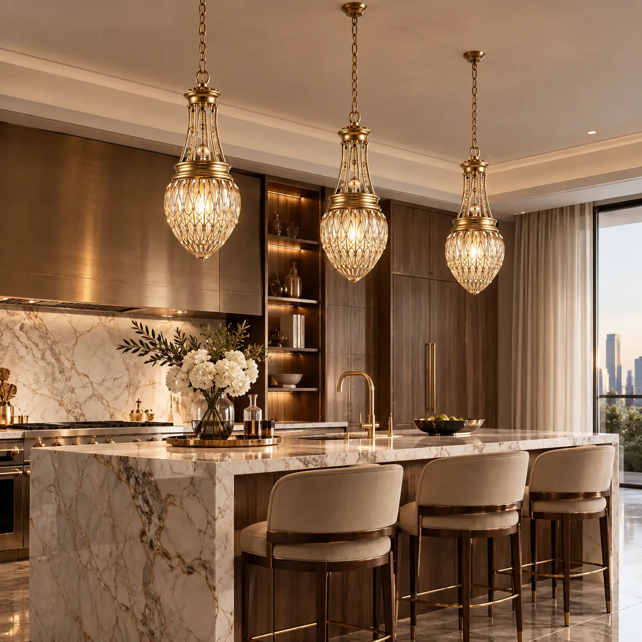 The Jeweled Lantern Single Pendant Array over Kitchen Island