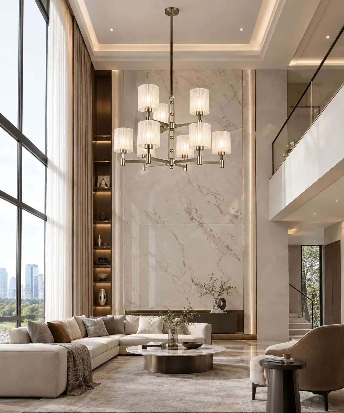 Kinetic Glow Modern 9-Light Chandelier in Double-Height Modern Living Room
