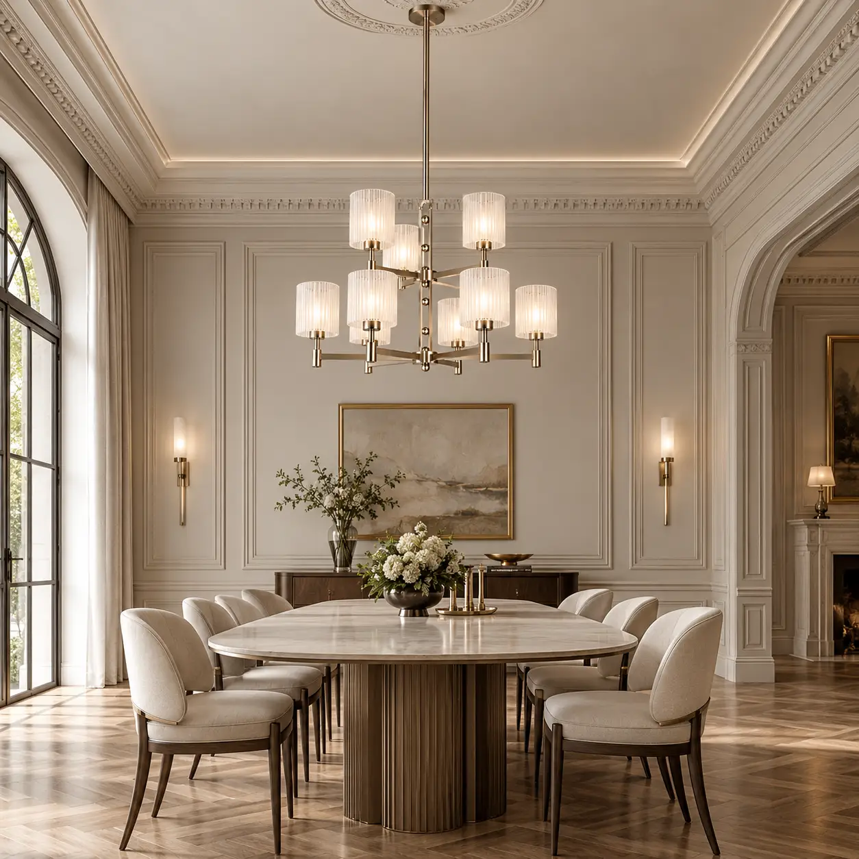 Kinetic Glow Chandelier in Neoclassical Grand Dining Room