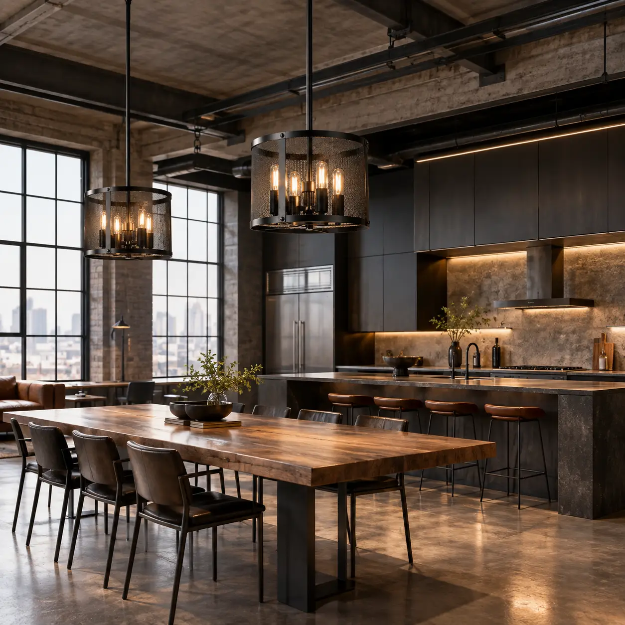 The Loft Grid 4-Light Industrial Drum Pendant in an open-concept industrial dining area with raw brick wall