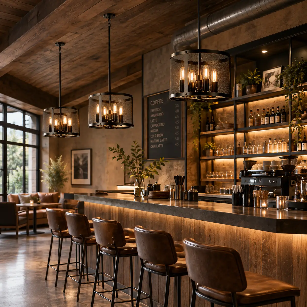 The Loft Grid 4-Light Industrial Drum Pendant hanging over a rustic timber bar counter