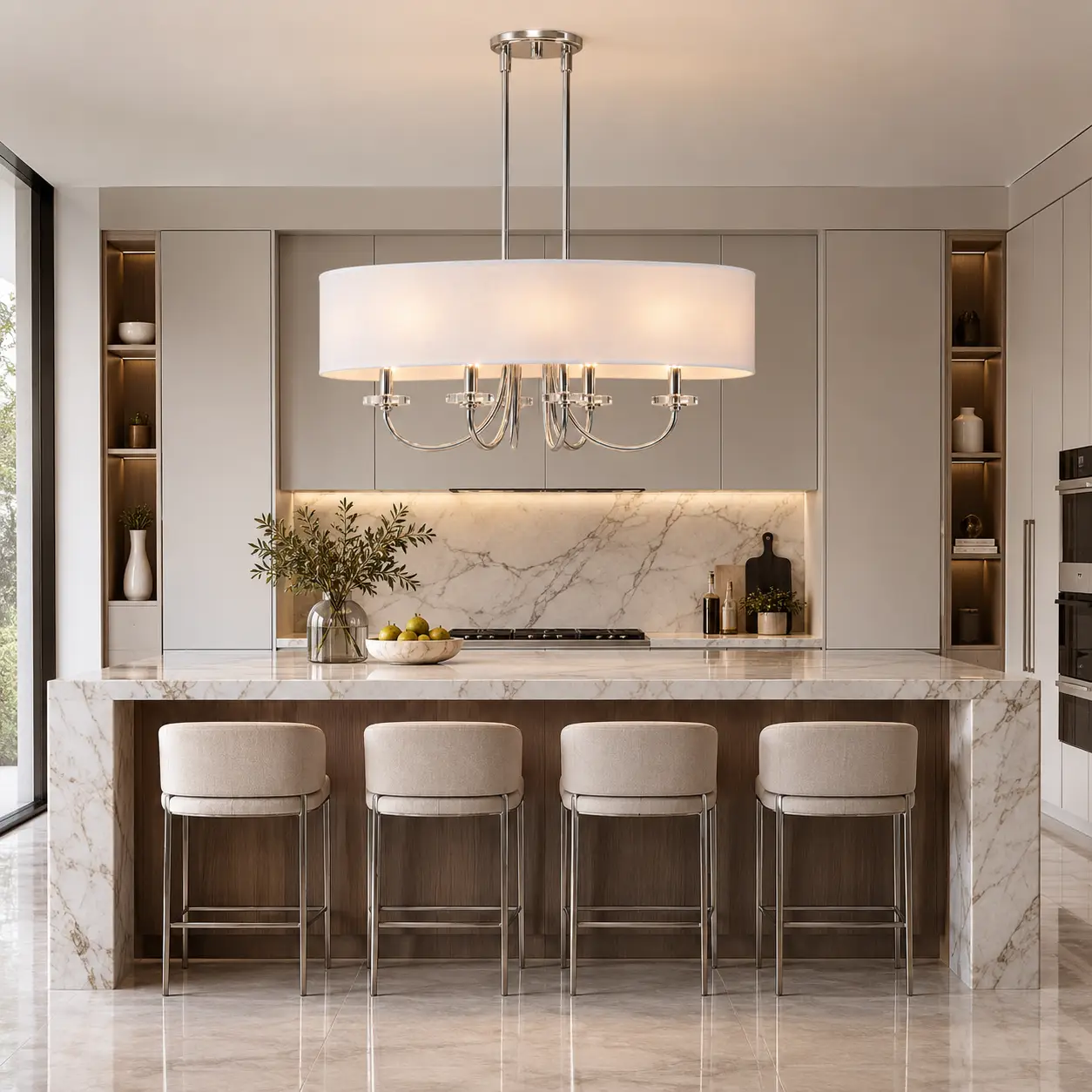 Lumiere Chic Contemporary Chrome Fabric 6-Light Linear Pendant Hanging Above Marble Kitchen Island