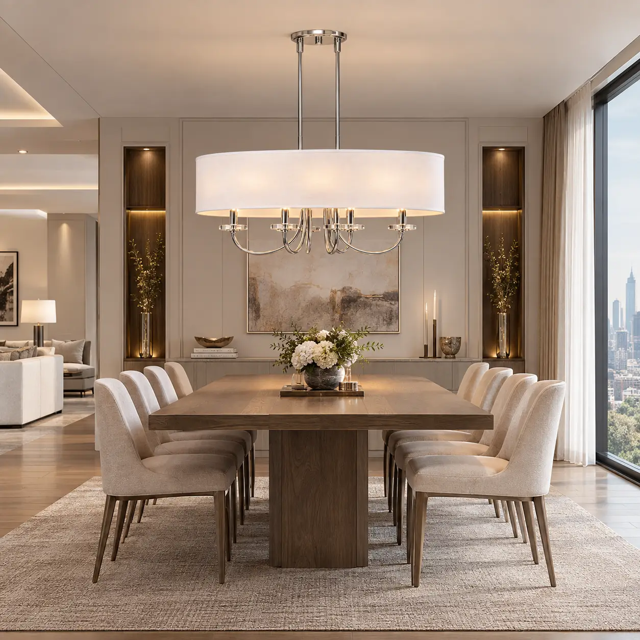 Lumiere Chic Linear Pendant Suspended Above Rectangular Timber Dining Table