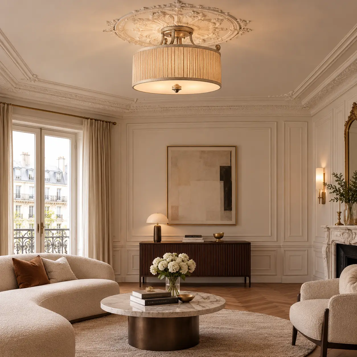 Lumiere Pleat 3-Light Semi-Flush Mount Pendant in French Modern Living Room