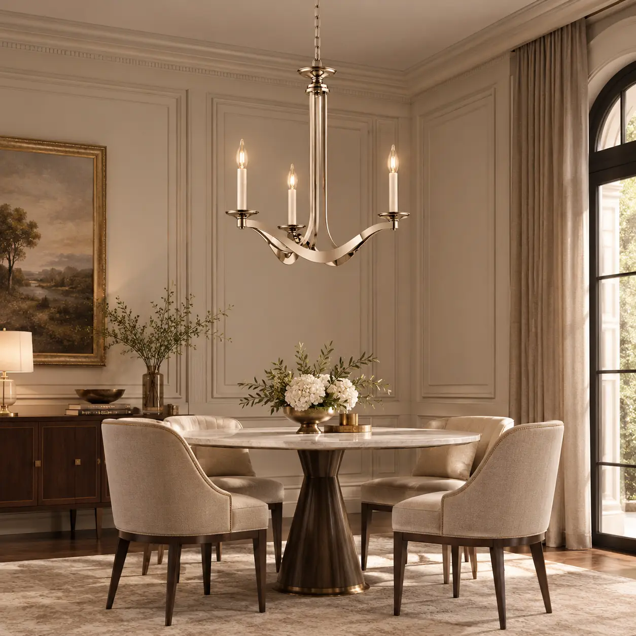 Lumina Ribbon Chandelier in Neoclassical Dining Area