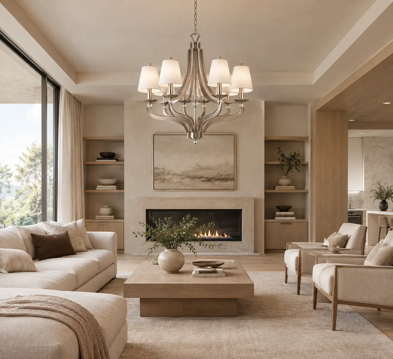 Luna Chandelier in Warm Minimalist Living Room Render