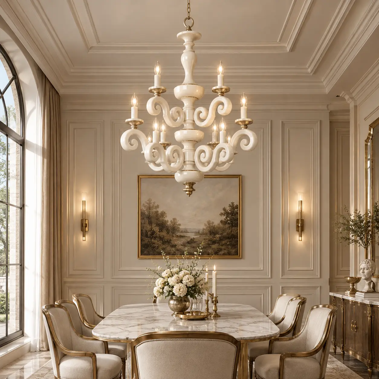 Majestic Cascade White Chandelier in Neoclassical Dining Setting