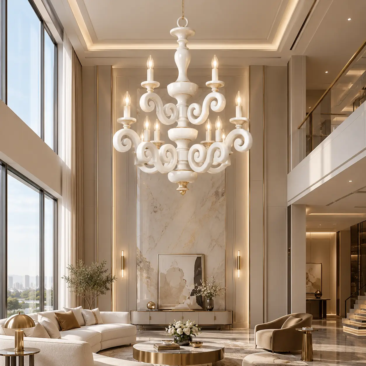 Majestic Cascade White Chandelier in Modern Luxury Living Room