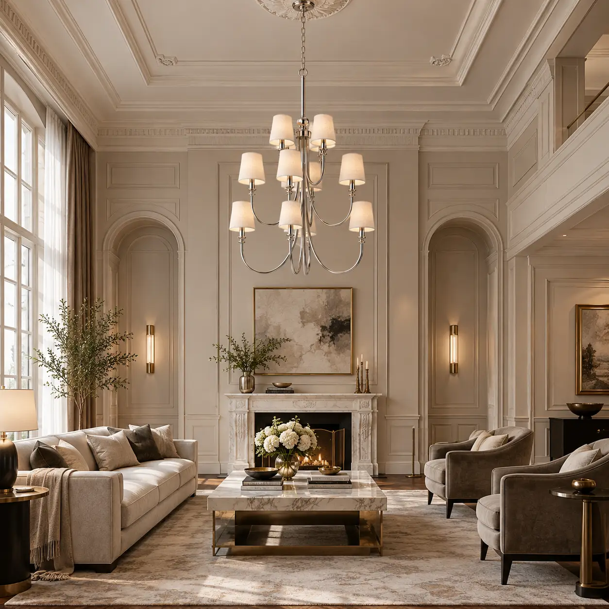 Manhattan Grandeur Chandelier in a Neoclassical Living Room with High Ceilings and Moldings
