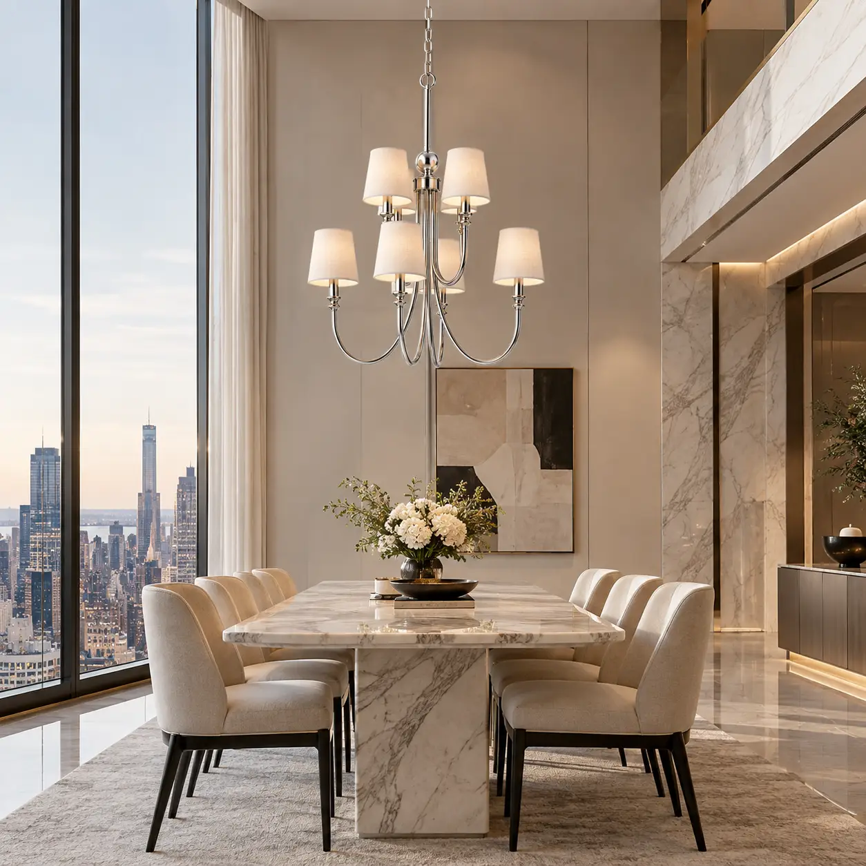 Manhattan Grandeur 2-Tier Chandelier Suspended Above a Marble Dining Table in a Modern Penthouse