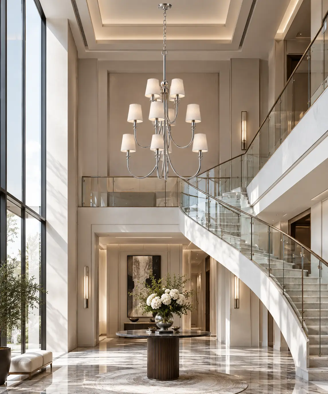 Manhattan Grandeur Chandelier Hung in a Two-Story Grand Entryway with Glass Staircase