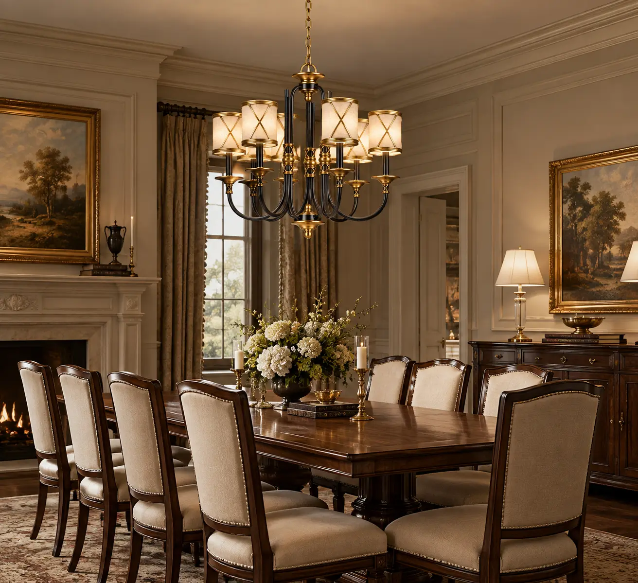 Traditional estate dining room with brass 6 light chandelier and linen shades