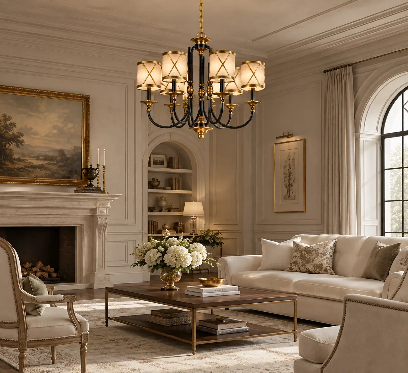 French transitional living room with elegant linen shade chandelier