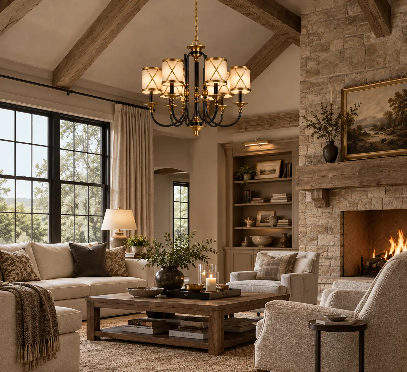 Modern farmhouse high ceiling room with classic 6 light chandelier