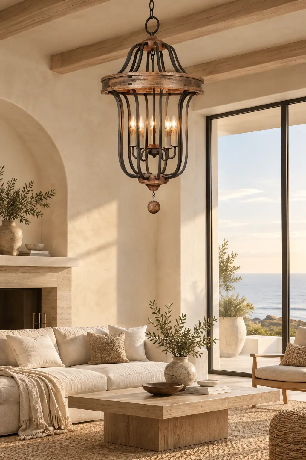 The Manor House Chandelier Rendered in Coastal Warm Minimalist Lounge