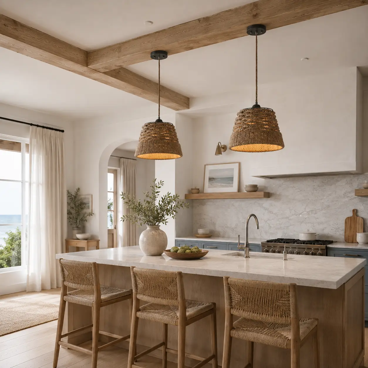 Marina 1-Light Rope-Wrapped Pendant in a refined coastal modern farmhouse interior with white oak, linen, natural stone and soft blue accents