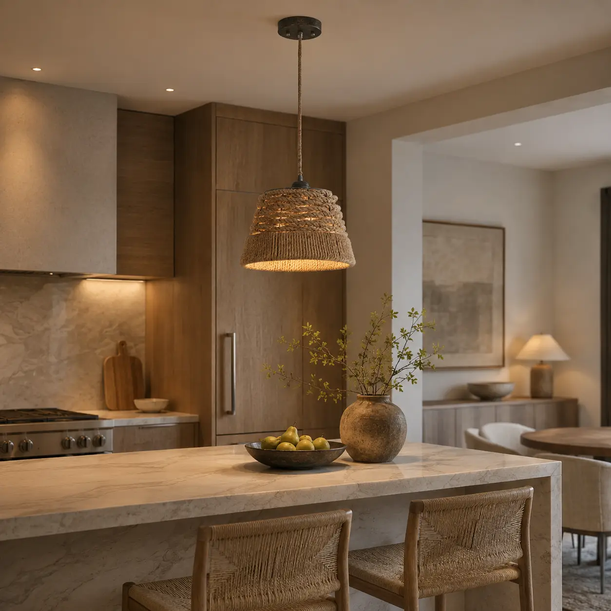 Marina 1-Light Rope-Wrapped Pendant in a Modern Luxury kitchen and dining interior with marble, light oak, polished nickel and warm neutral tones