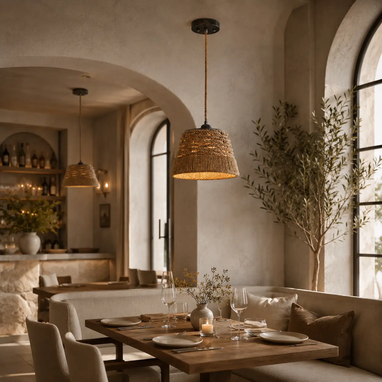 Marina 1-Light Rope-Wrapped Pendant in a French transitional hospitality interior with limestone, aged wood, linen and refined metal details