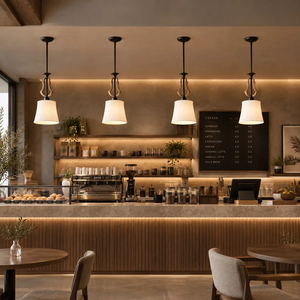 Pendant lighting cluster in boutique cafe bar