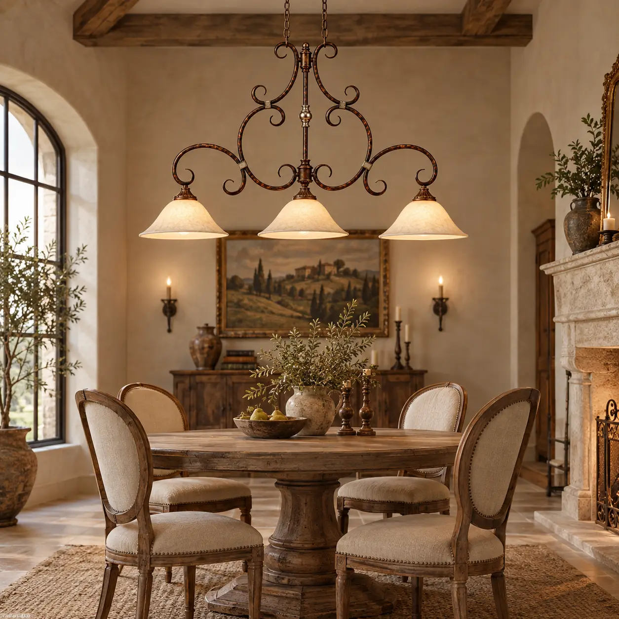 Monaco 3-Light Iron Scroll Chandelier in French Country Dining Room