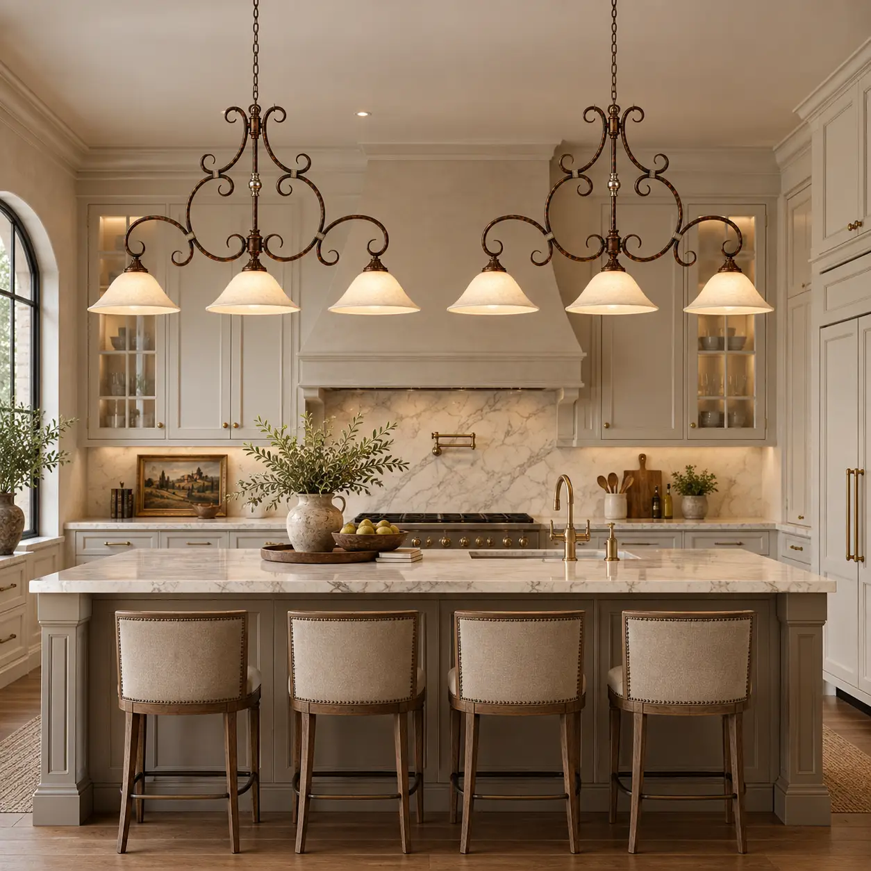 Monaco 3-Light Iron Scroll Chandelier Pair over Kitchen Island