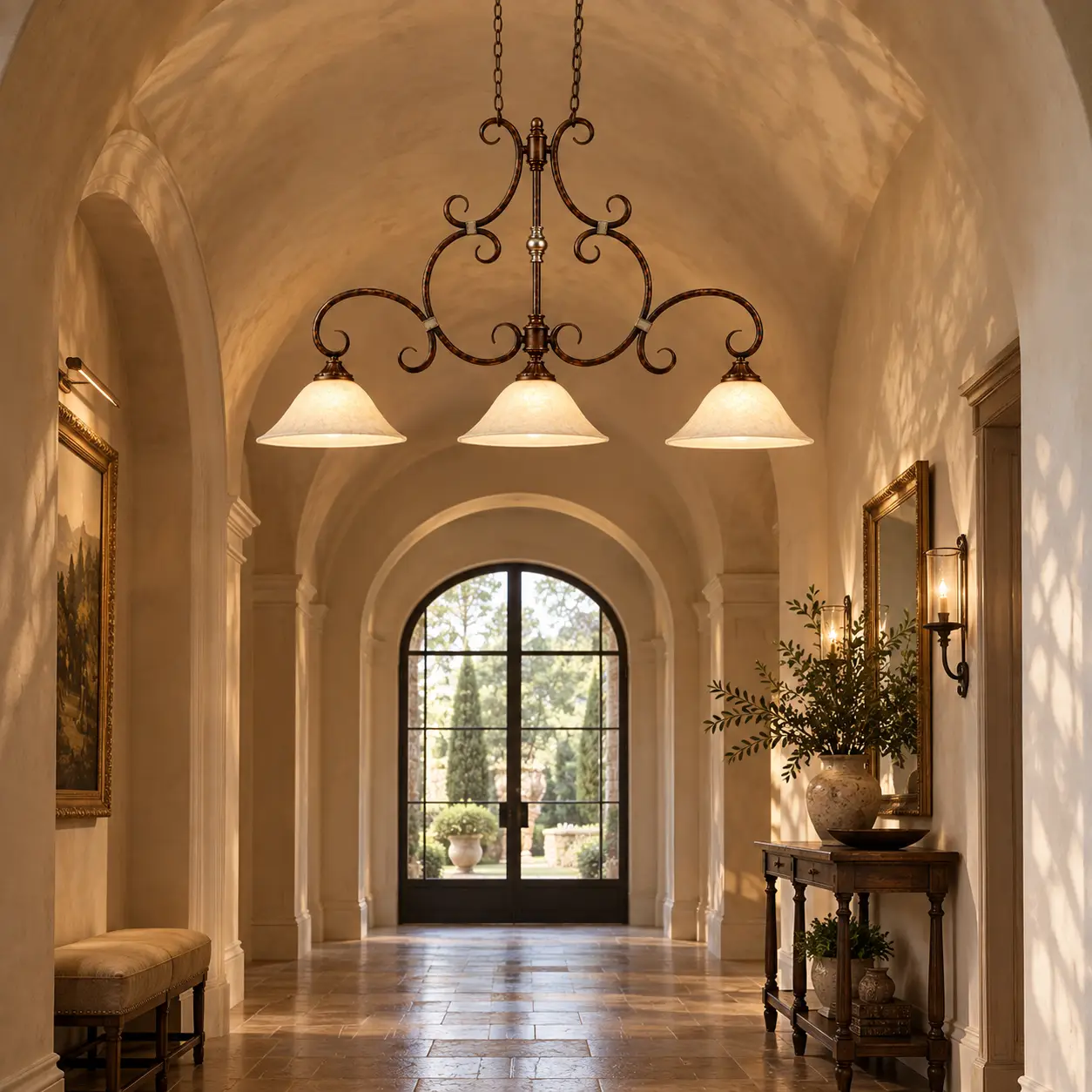 Monaco 3-Light Iron Scroll Chandelier in Vaulted Foyer