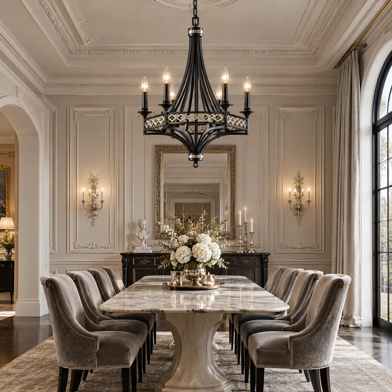 Monarch Chandelier Suspended in French Chic Luxury Living Room