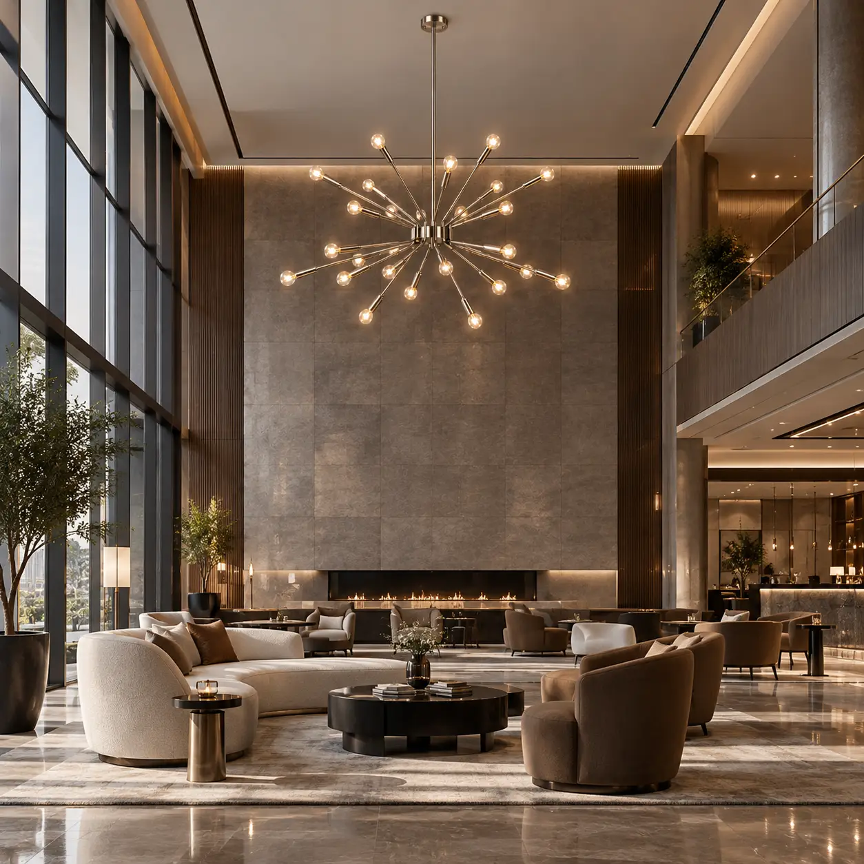 The Nebula Burst Modern Chandelier Rendered in Hotel Lobby Lounge
