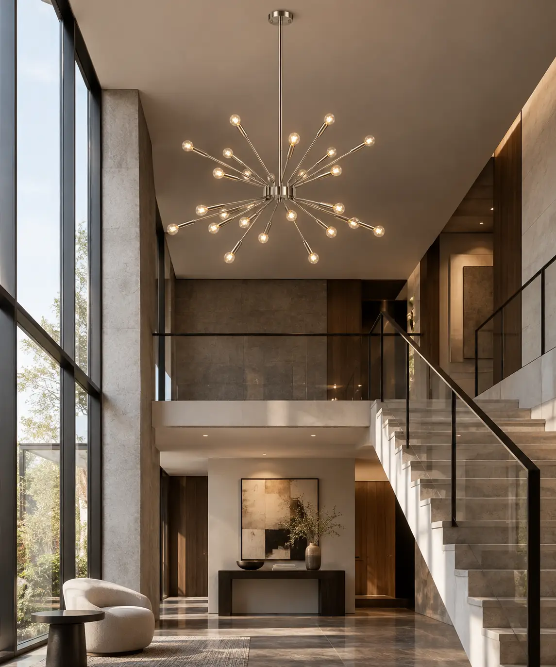 The Nebula Burst 24 Light Chandelier Rendered in Modern Luxury Double Height Foyer