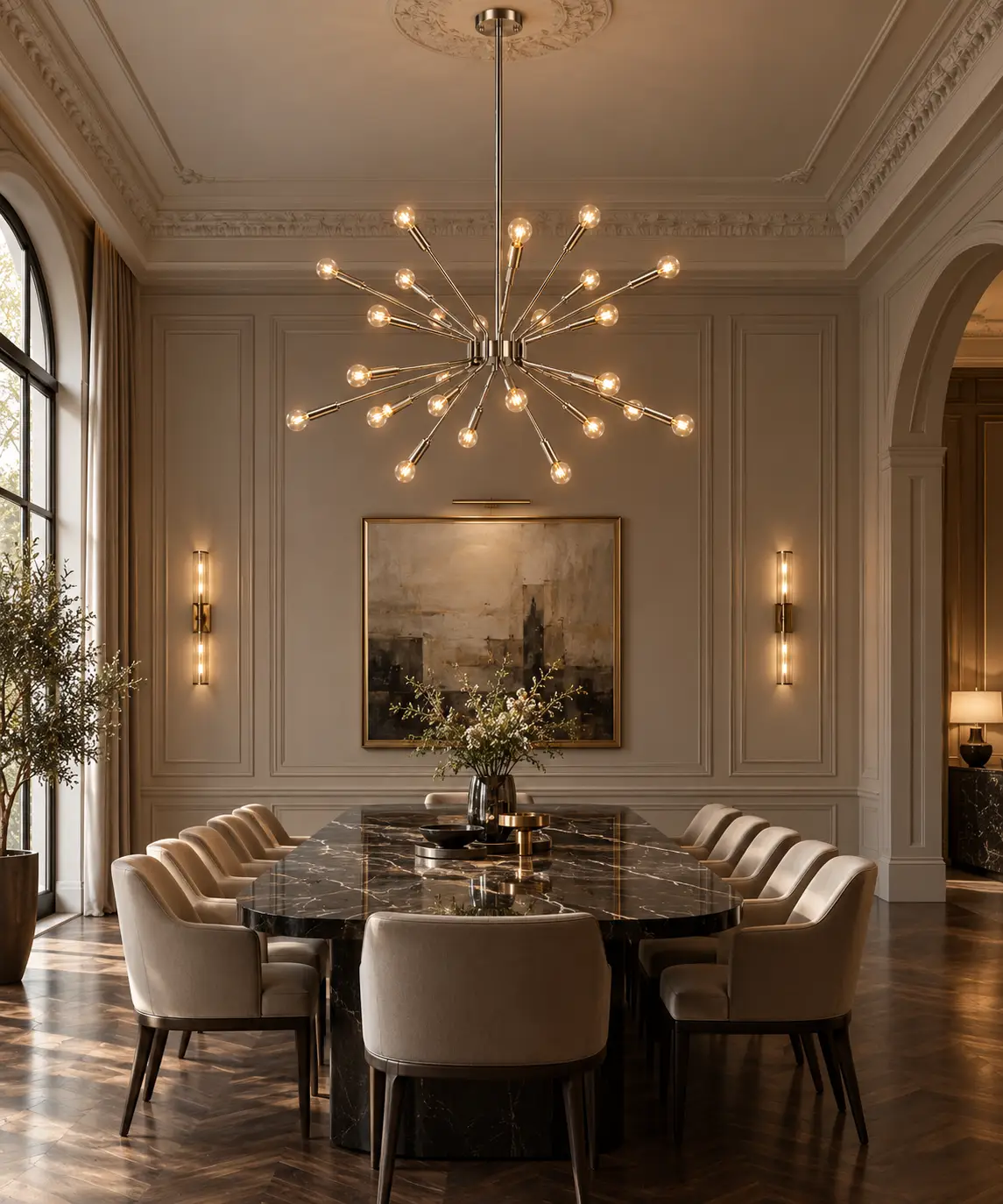 The Nebula Burst Sputnik Chandelier Rendered in Neoclassical Formal Dining Room