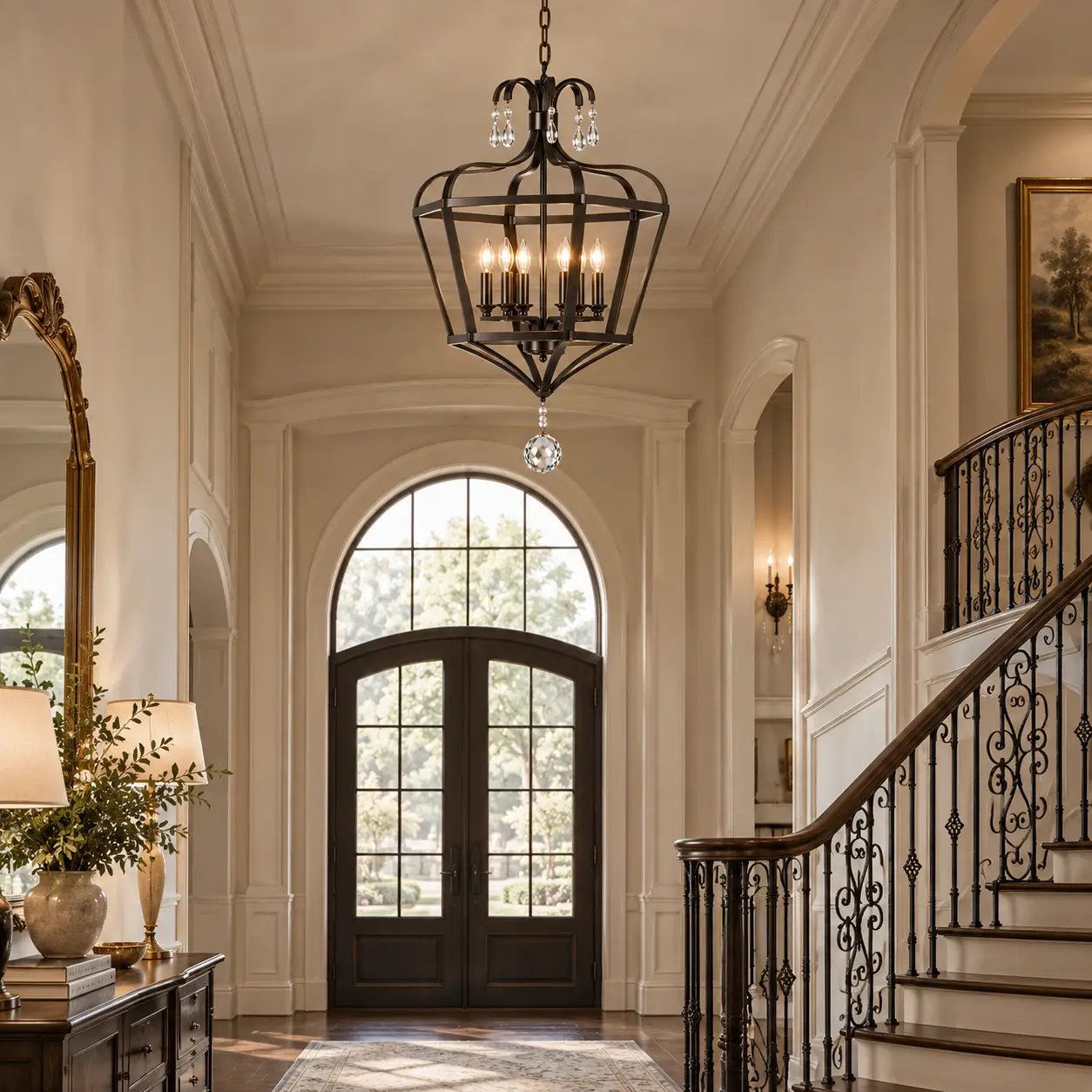 3D Architectural Visualization of 6 Light Cage Chandelier in Neoclassical Foyer