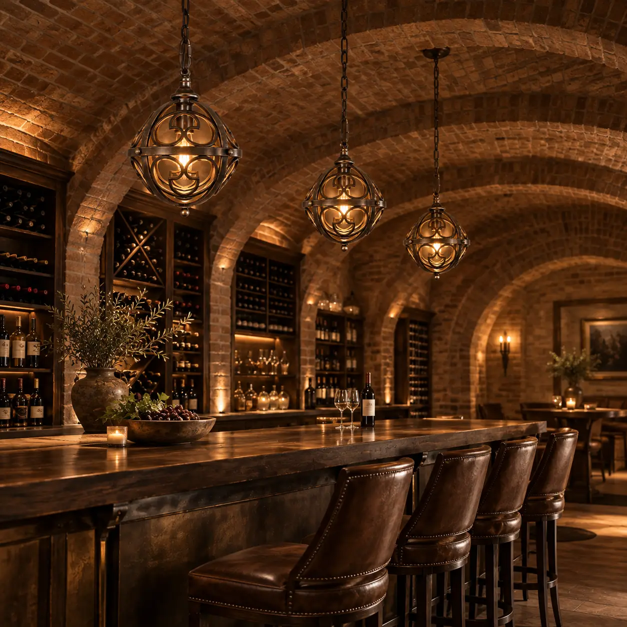 Cluster of Old World Crest Mini Pendants Hanging in Brick Vaulted Wine Cellar Bar