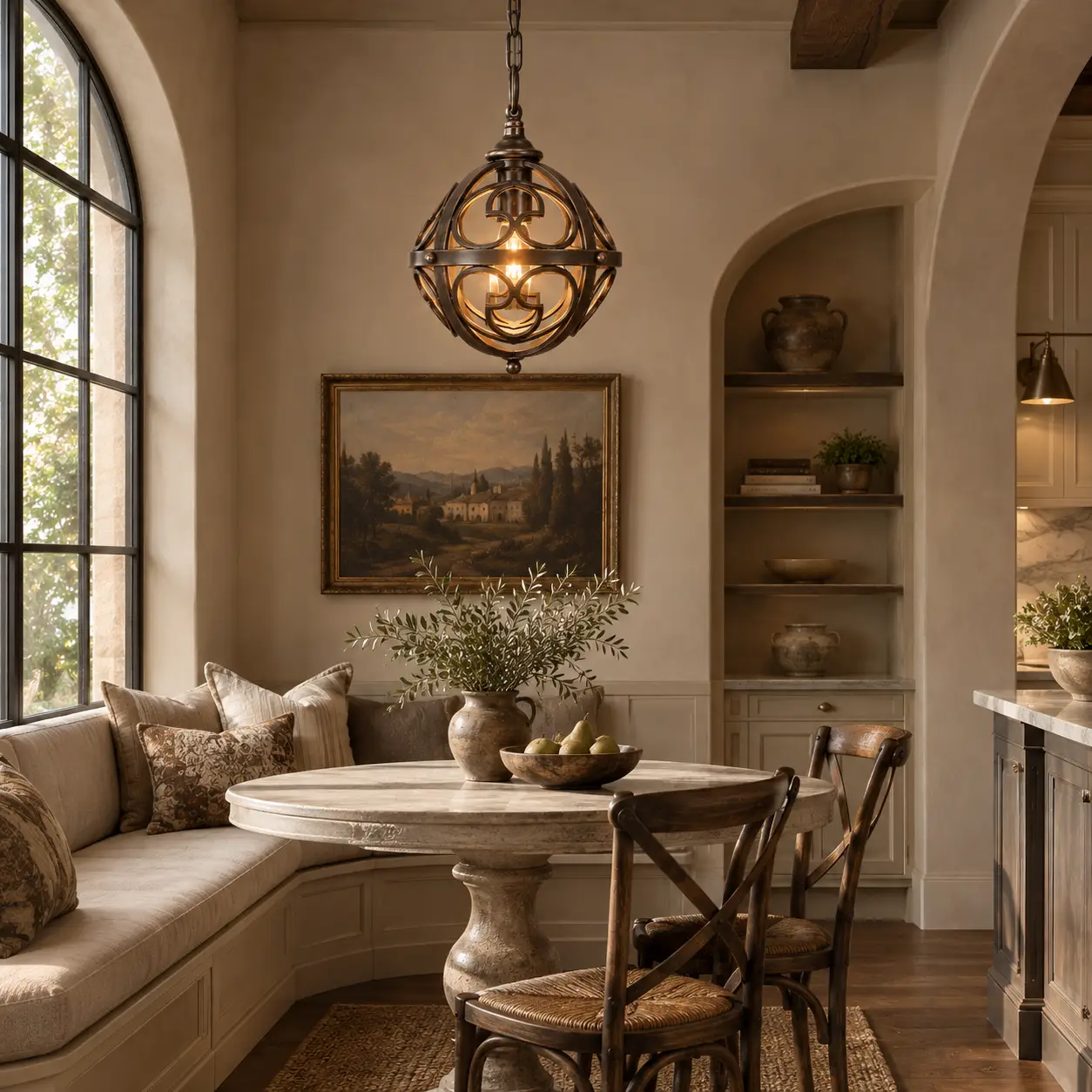 Old World Crest Medieval Mini Pendant Hanging Over Marble Bistro Table in French Country Kitchen