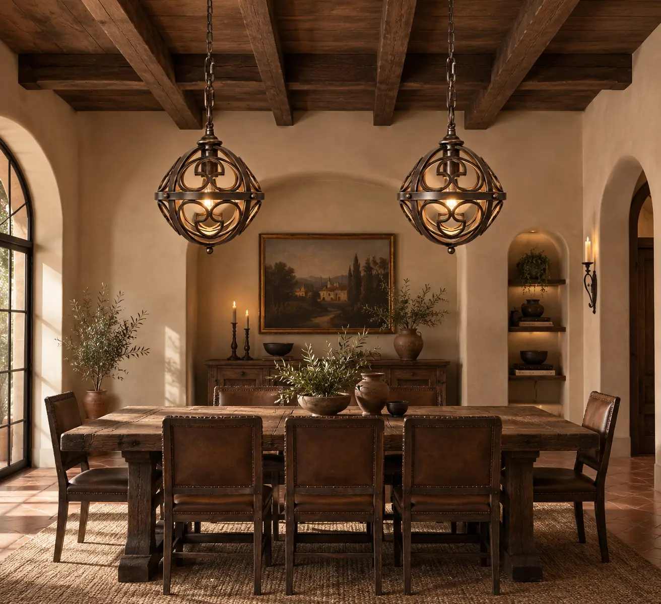 Pair of Old World Crest Medieval Pendants Suspended Above Reclaimed Wood Dining Table in Spanish Revival Interior