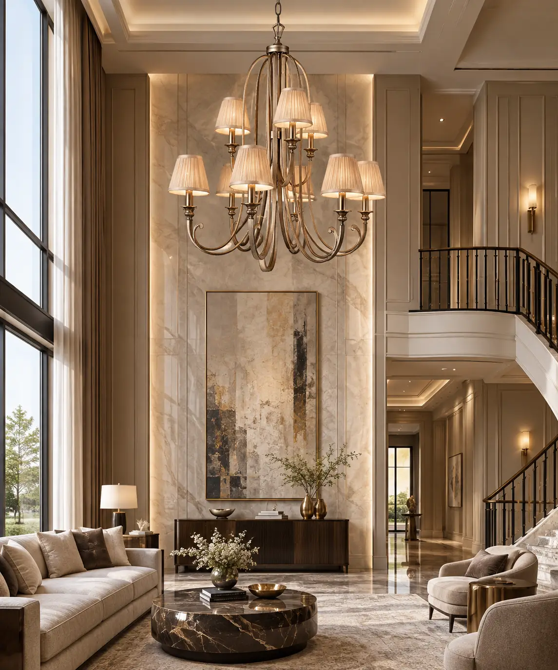 The Palazzo Reverie Tiered Chandelier in Modern Luxury Double-Height Living Room