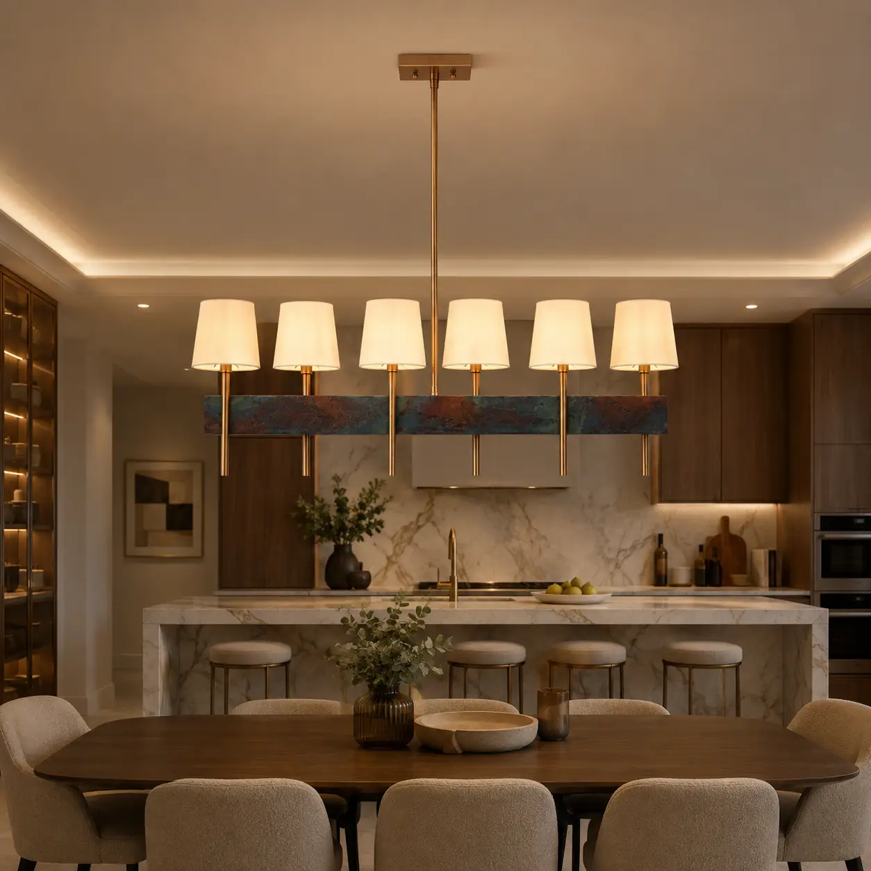 Patina Grove Modern Linear 6-Light Island Chandelier above a luxury marble kitchen island