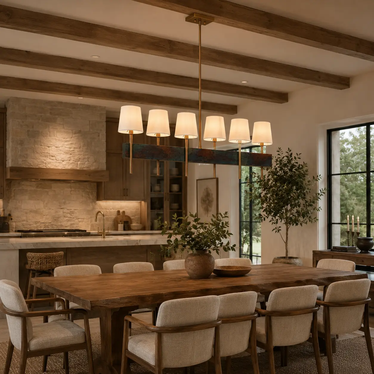 Patina Grove Modern Linear 6-Light Island Chandelier in an organic modern farmhouse interior