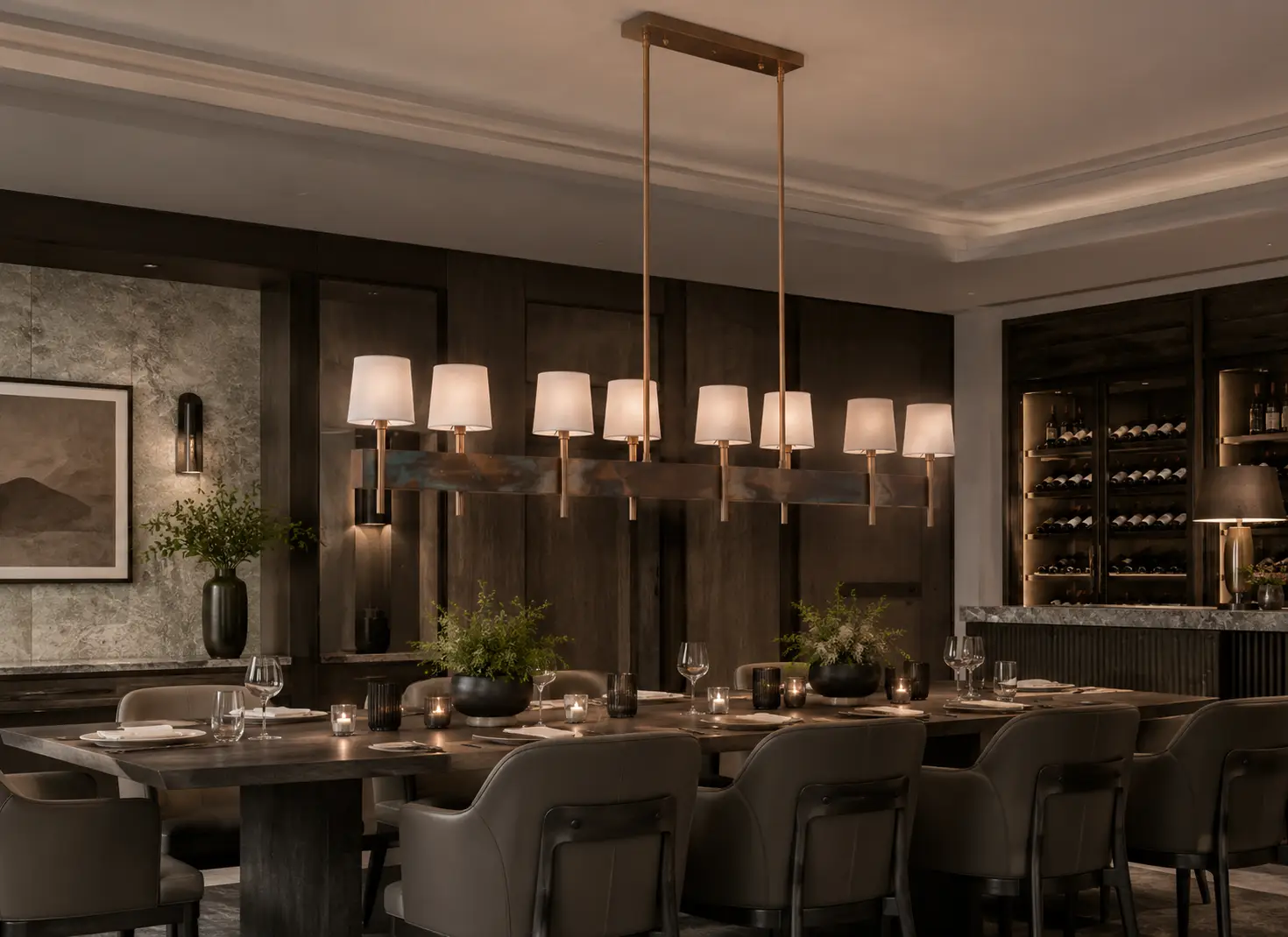 Patina Grove Modern Linear 6-Light Island Chandelier above a refined hospitality dining table