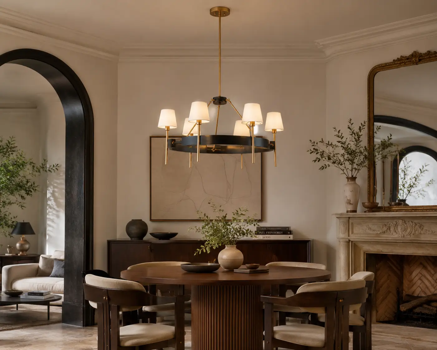 Patina Halo Modern Ring 6-Light Chandelier in a refined Mid-Century and French transitional interior