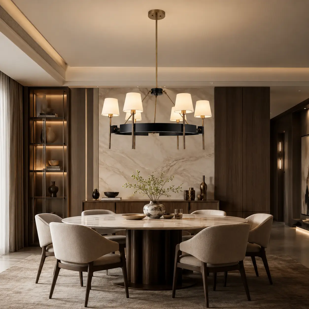 Patina Halo Modern Ring 6-Light Chandelier in a modern luxury dining room