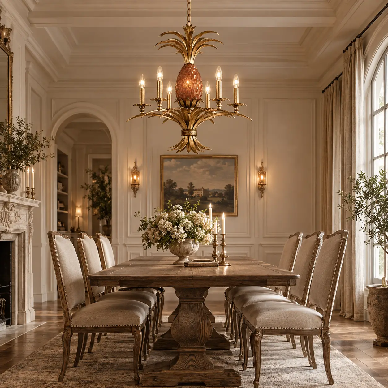 Plantation Luxe Chandelier in French Country Dining Room