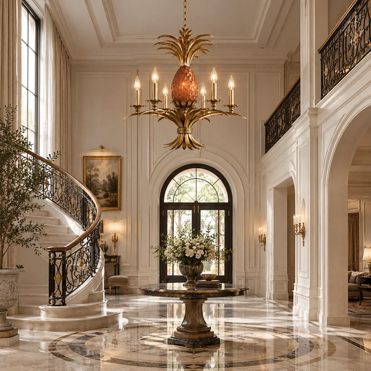 Plantation Luxe Chandelier in High Ceiling Living Room