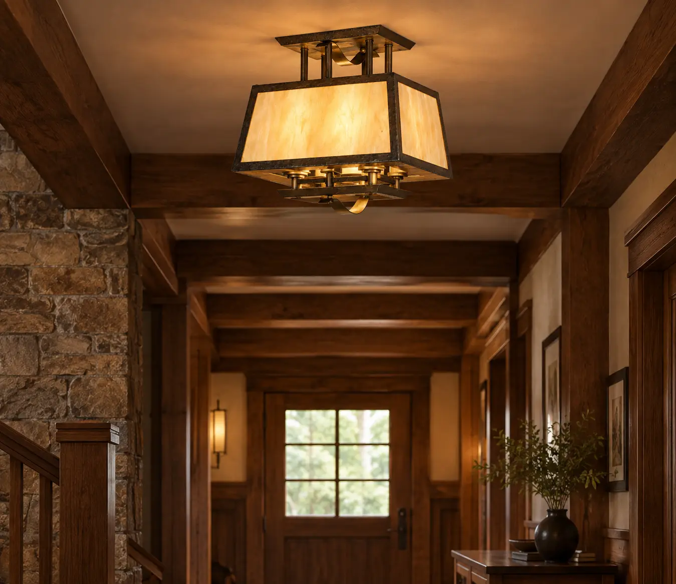 Prairie Glow Craftsman Semi-Flush Pendant Installed in a Rustic Timber Foyer