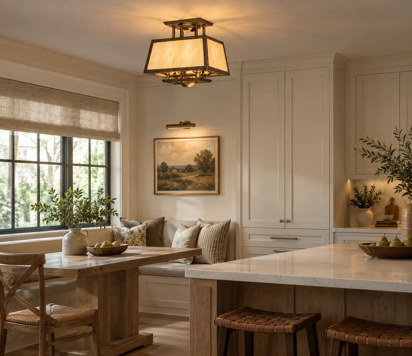 Prairie Glow Pendant Hung Over a Modern Farmhouse Breakfast Nook Table