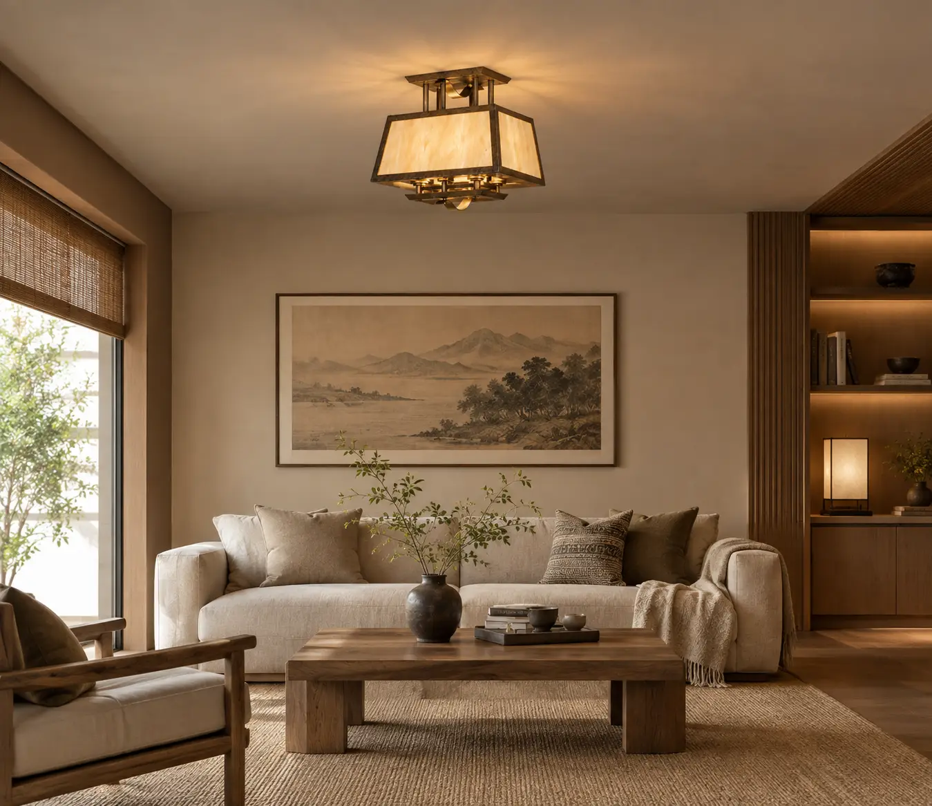 Prairie Glow Semi-Flush Light in a Modern Japandi / Asian Fusion Lounge
