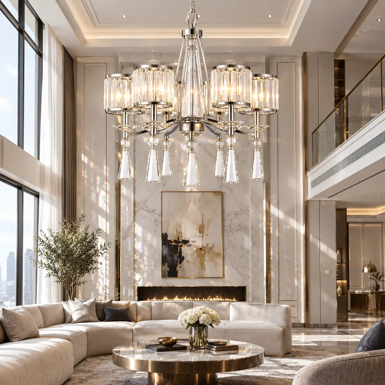 Prism Radiance Crystal Chandelier in Modern Luxury Living Room Render