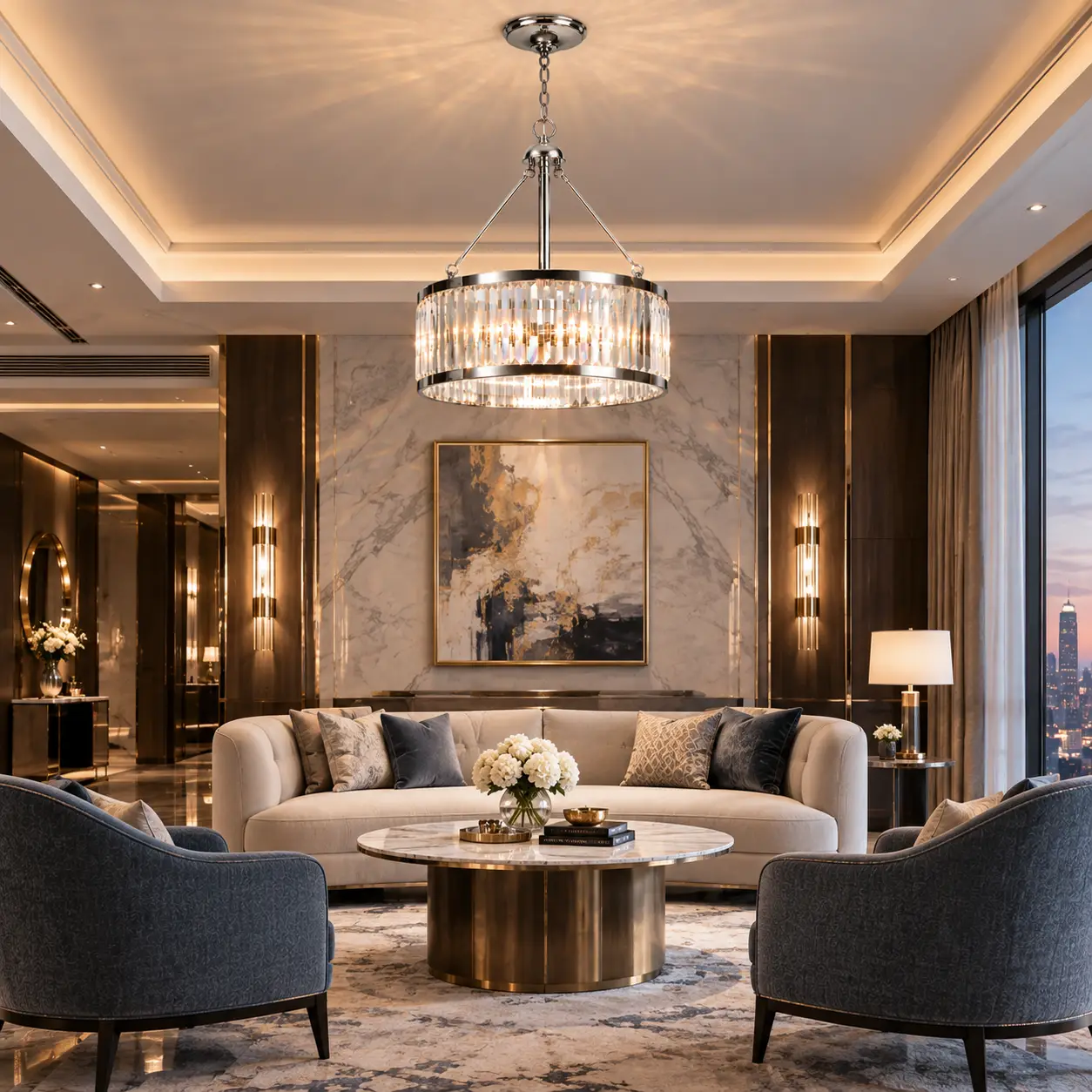 Pair of Radiant Facet Drum Chandeliers Installed in Boutique Hotel Executive Suite Lounge