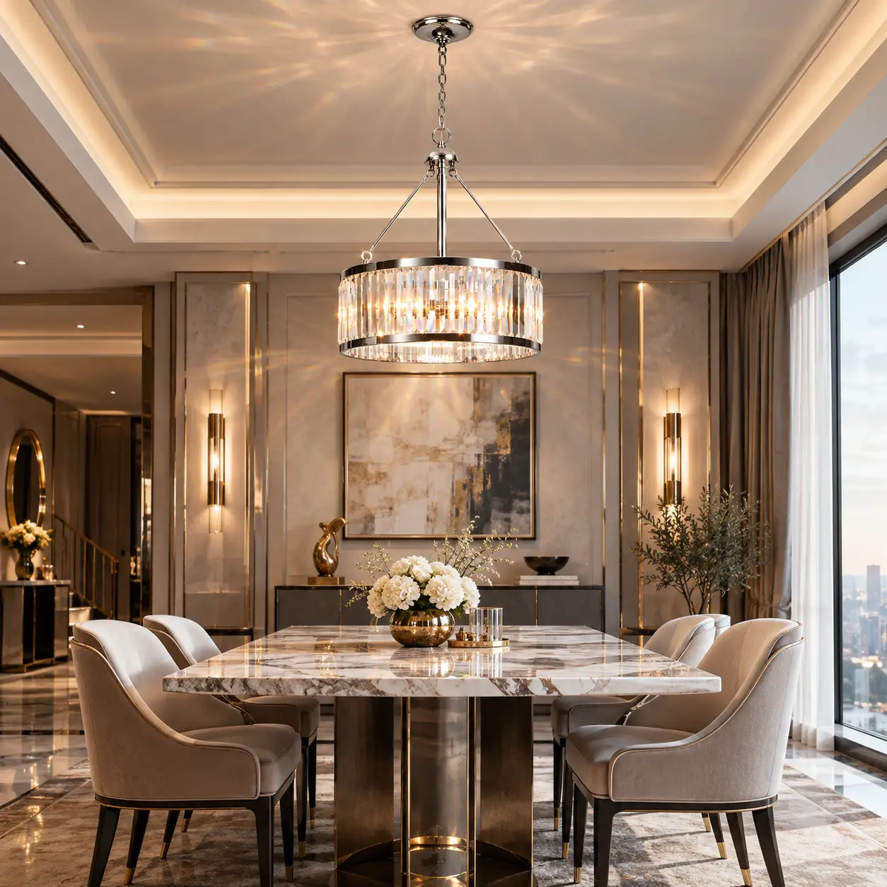 Radiant Facet Modern Glam 3-Light Drum Chandelier Suspended Above Polished Marble Dining Table in Modern Luxury Interior