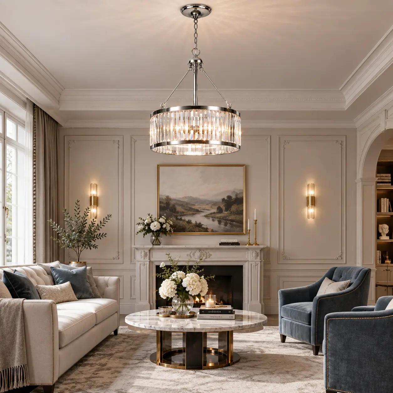 Radiant Facet 3-Light Drum Chandelier Hanging in Neoclassical Living Room with Velvet Seating